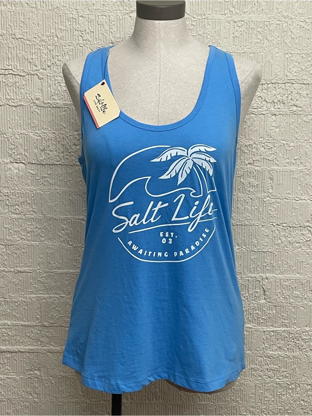 Salt Life Bright Blue Palm Graphic Tank “Awaiting Paradise”